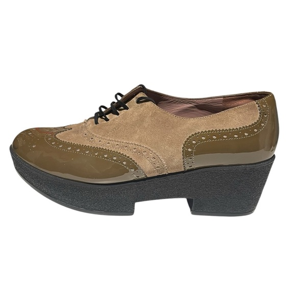 Robert Clergerie lace up platform oxfords leather 9 1/2 green and tan - Picture 5 of 11